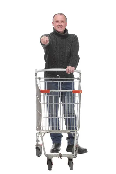 Front View Man Empty Shopping Cart Making Thumb Gesture Isolated — Stock Photo, Image