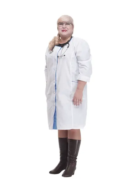 Mature Female Paramedic Stethoscope Isolated White Background — Stock Photo, Image