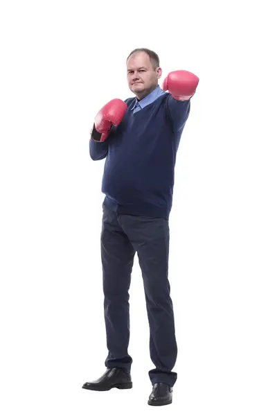 Full Growth Mature Man Boxing Gloves Isolated White Background — Stock Photo, Image