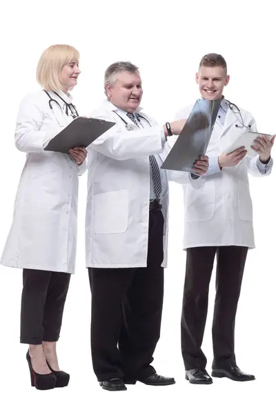 Full Growth Qualified Doctors Colleagues Standing Together Isolated White Background — Stock Photo, Image