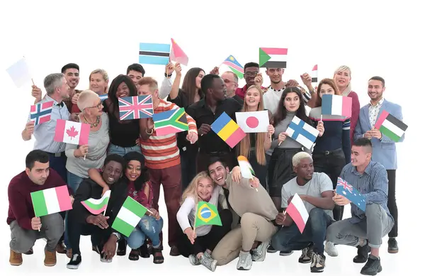 Happy People Holding Country Flags Hands International Cooperation Concept — Stock fotografie