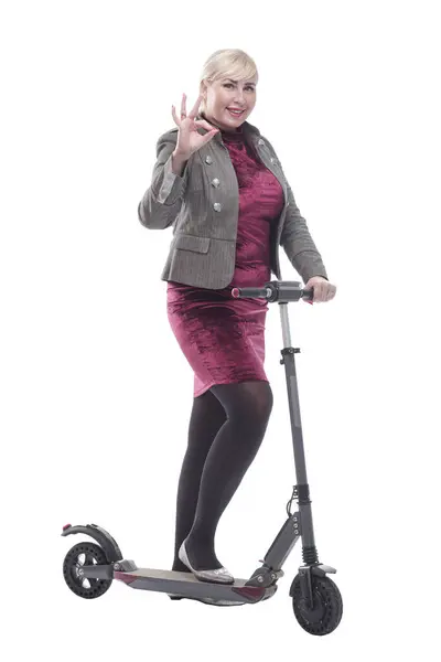Full Growth Attractive Happy Woman Electric Scooter Isolated White Background — Stock Photo, Image