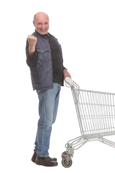 Full Length Potrait Gentleman Shopping Cart Thumb Isolated White Background — Stock Photo, Image