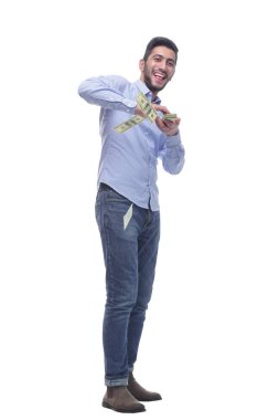 Tam gelişim. Banknotları olan neşeli bir adam. beyaz arkaplanda izole edilmiş.