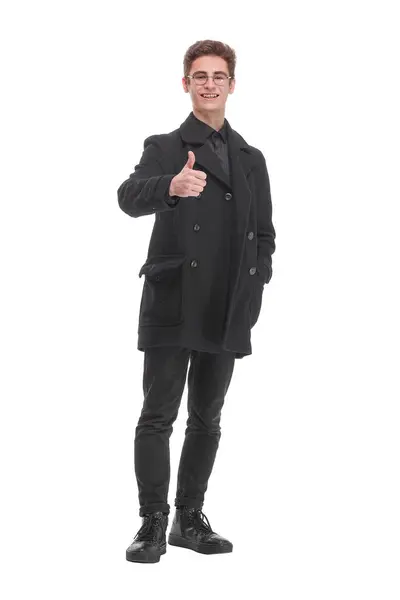 Модный Снимок Молодого Красавца Черном Пальто Студия Снята Белом Фоне Лицензионные Стоковые Фото