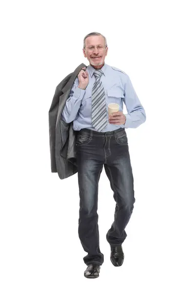 Portrait Mature Busienss Man Holding Cup Coffee Looking Camera Isolated — Stock Photo, Image