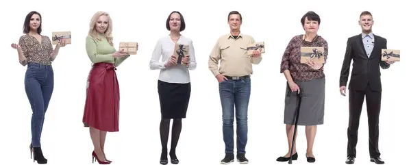 Группа Счастливых Людей Подарками Руках Изолированы Белом Фоне — стоковое фото