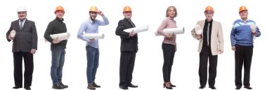 Beyaz üzerine izole edilmiş planları olan yakışıklı mimar başlığı kolajı.