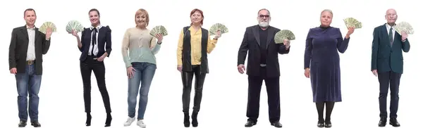 Grupa Odnoszących Sukcesy Ludzi Trzymających Pieniądze Ręku Odizolowanych Białym Tle — Zdjęcie stockowe