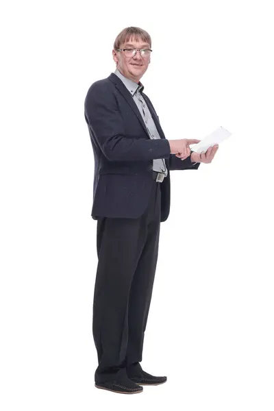 Side View Senior Business Man Using Digital Tablet Isolated White — Stock Photo, Image