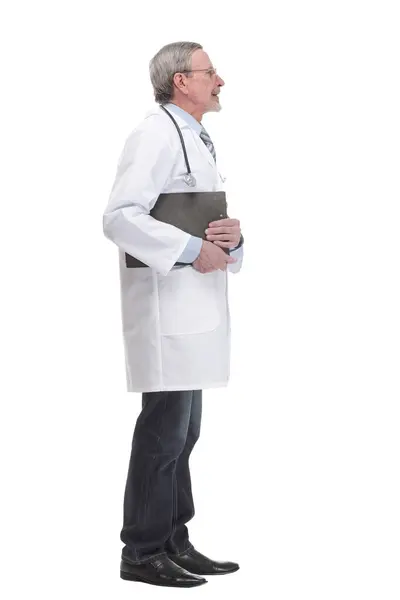 Mature Doctor Holding Clipboard Posing Isolated White Background Looking Camera Stok Fotoğraf