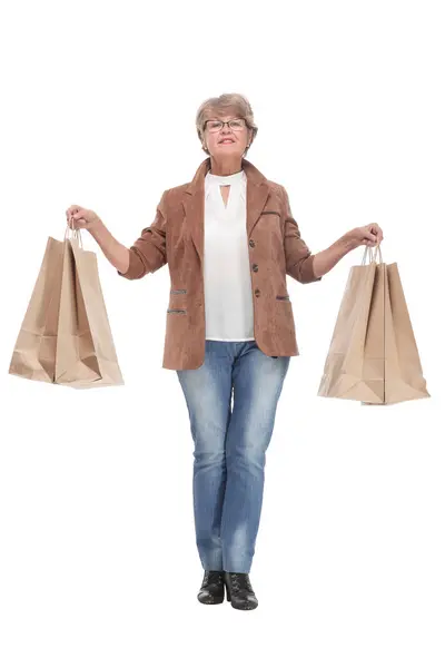 Happy Senior Woman Shopping Bags White Background Looking Camera — Stock Photo, Image