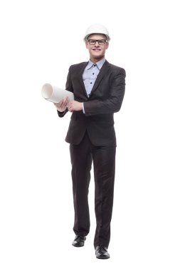 Tam gelişim. Çizimleri olan genç bir mimar. beyaz arkaplanda izole edilmiş.