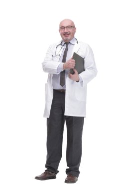 full-length. mature doctor with clipboard .isolated on a white background.