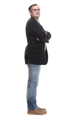 Tam gelişim. Kot pantolon ve ceket giyen sıradan bir iş adamı. beyaz arkaplanda izole edilmiş.