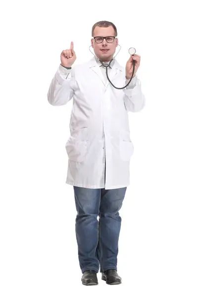 Médecin Tenant Stéthoscope Vers Patient Écoutant Des Battements Cœur Isolés — Photo