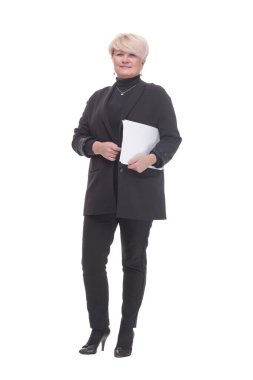 Tam gelişim. Bir yığın iş belgesi olan bir iş kadını. beyaz arkaplanda izole edilmiş.