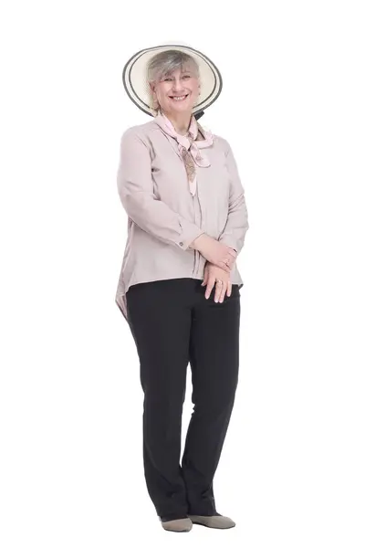 Full Growth Happy Old Lady Summer Straw Hat Isolated White — Stock Photo, Image