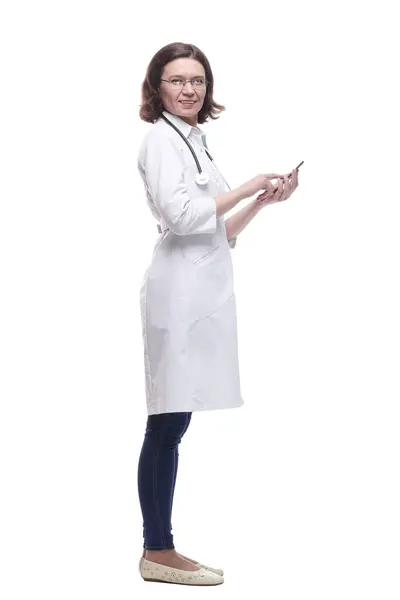 Female Doctor Smartphone Isolated White Background — Stock Photo, Image