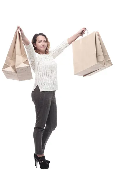 Jovem Mulher Casual Com Sacos Compras Isolado Sobre Fundo Branco — Fotografia de Stock
