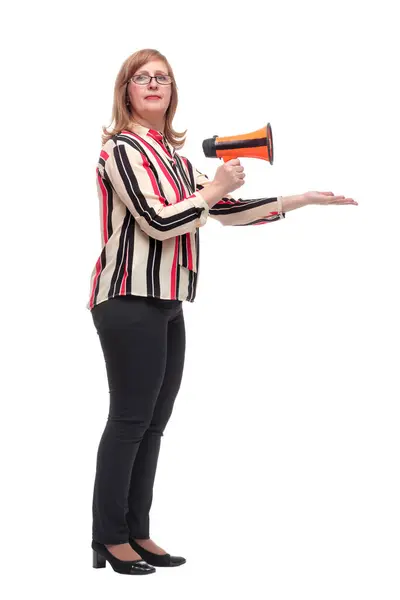 Side View Confident Woman Megaphone Pointing Ahead Isolated White — Stock Photo, Image