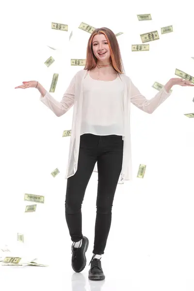 Emocionante Hermosa Mujer Sobre Fondo Blanco Con Billetes Cien Dólares —  Fotos de Stock