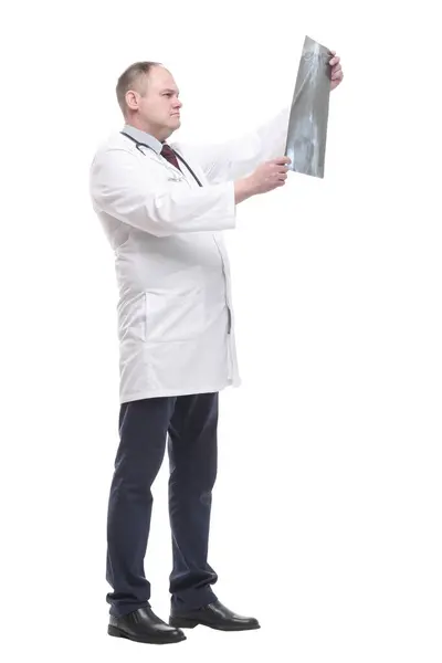 完全成长中 合格的医生正在检查X光片 在白色背景上隔离 — 图库照片