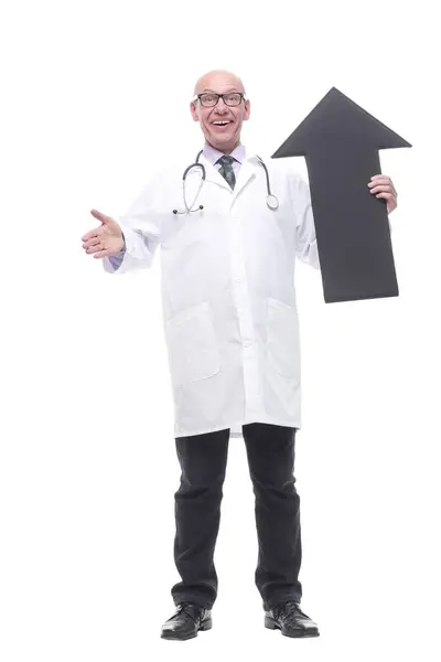 Smiling Doctor Arrow Pointing Direction Isolated White Background — Stock Photo, Image