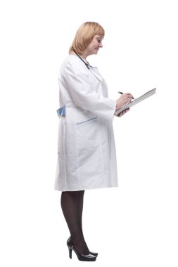 Tam gelişim. Dost canlısı, dostane bir kadın doktor. beyaz arkaplanda izole edilmiş.