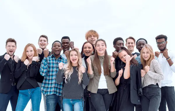 Voller Länge Eine Gruppe Fröhlicher Junger Menschen Die Zusammenstehen Isoliert — Stockfoto