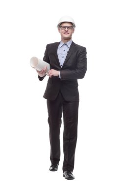 Tam gelişim. Çizimleri olan genç bir mimar. beyaz arkaplanda izole edilmiş.