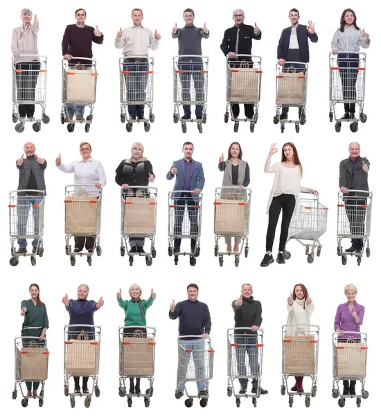 Group People Shopping Cart Showing Thumbs Isolated White Background — Stock Photo, Image