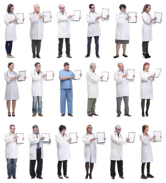 Full Length Group Doctors Notepad Isolated White Background — Stock Photo, Image