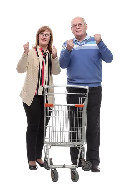 Vollem Wachstum Lässiges Älteres Paar Mit Einkaufswagen Isoliert Auf Einem — Stockfoto