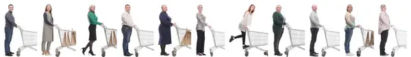 Group People Cart Looking Camera Isolated White Background — Stock Photo, Image