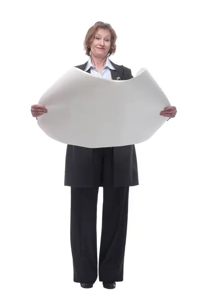 Full Length Senior Woman Architect Standing Open Blueprints Isolated White — Stock Photo, Image