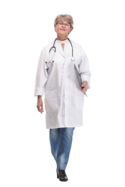 Front view of nice female doctor holding clipboard smiling isolated on white background.