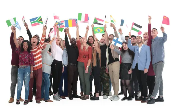 Pessoas Com Bandeiras Diferentes Nacionalidades Olhando Para Cima Isolado Sobre — Fotografia de Stock