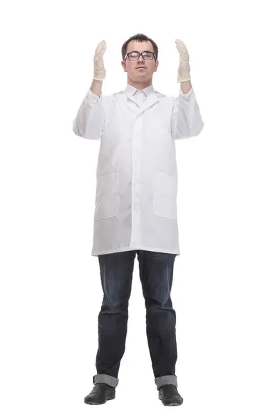 Cheerful Male Doctor White Coat Gloves Shows Thumb Holding Beaker — Stock Photo, Image