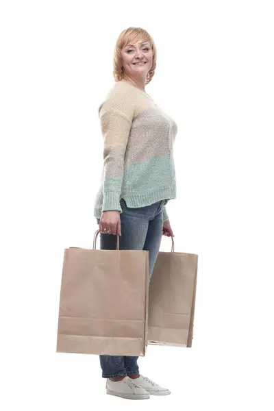 Vollem Wachstum Attraktive Lässige Frau Mit Einkaufstaschen Isoliert Auf Weißem — Stockfoto