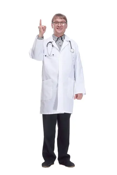 Tam Gelişim Steteskopu Olan Başarılı Bir Erkek Doktor Beyaz Arkaplanda — Stok fotoğraf