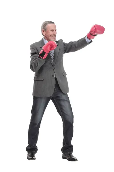 Serious Caucasian Elderly Man Business Formal Outfit Boxing Gloves Hitting — Stock Photo, Image
