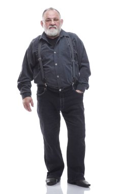 Tam gelişim. Pantolon giymiş, pantolon giymiş, yakışıklı, sakallı bir adam. bir beyaz üzerinde izole