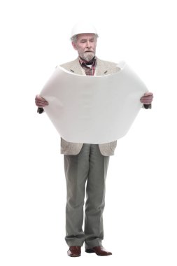 Tam gelişim. Çizimleri olan erkek mimar. beyaz arkaplanda izole edilmiş.