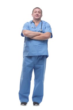 Tamamen büyümüş. Steteskoplu olgun bir doktor. beyaz arkaplanda izole edilmiş.