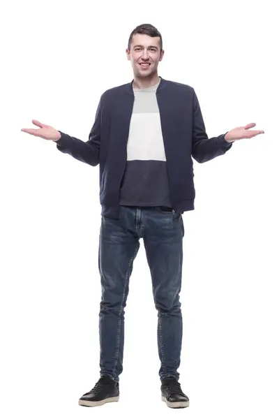Attractive Young Man Jeans Showing Thumbs Isolated White Background — Stock Photo, Image
