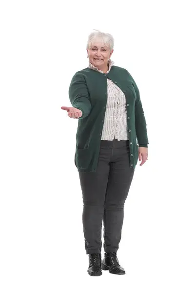 Happy Mature Business Woman Holding Key White Background Thumb — Stock Photo, Image