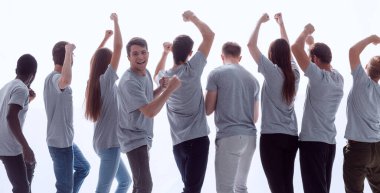 Dikiz aynası. Bir grup genç insan başarılarını gösteriyor. beyaz üzerine izole