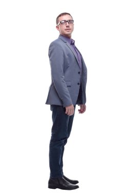 Genç bir iş adamının profili. Tam boy, beyaz üzerine izole edilmiş..