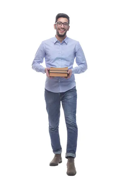 Pleine Croissance Jeune Homme Avec Une Pile Livres Avançant Isolé — Photo